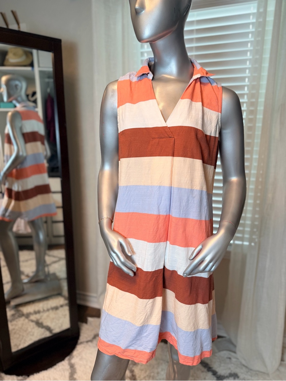 Liz Claiborne Size 8 Sleeveless Stripe Shift Dress Coral Blue Cotton Summer